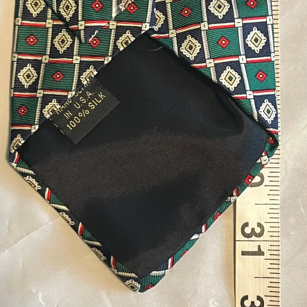 Vintage HUNTING HORN Green Navy Red Medallion Print Silk Men's Tie 63